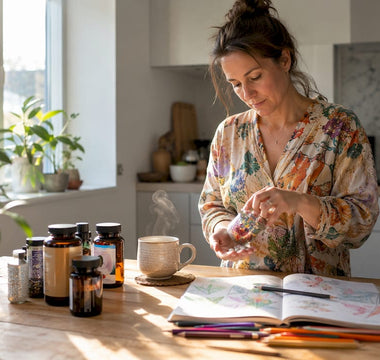 En kvinde sidder ved køkkenbordet og tager sine vitaminer om morgenen.