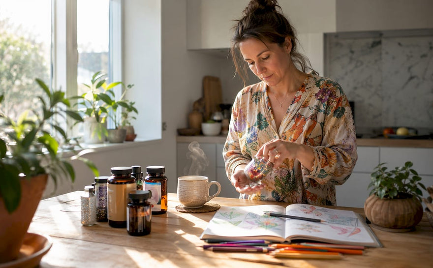 En kvinde sidder ved køkkenbordet og tager sine vitaminer om morgenen.