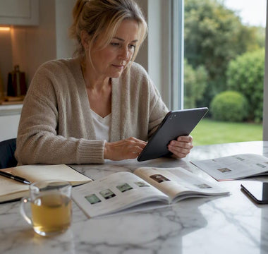 Kvinde sidder derhjemme og sammenligner forskellige webshops for sundhedsprodukter