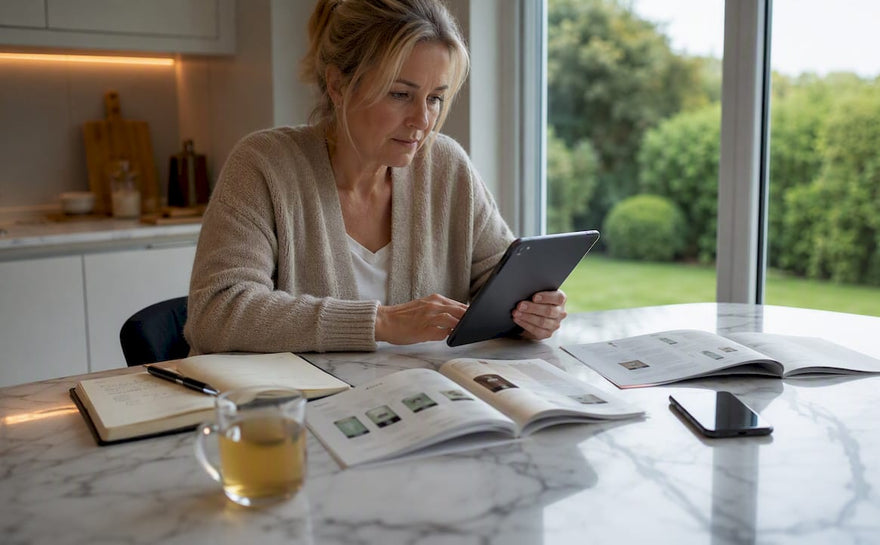 Kvinde sidder derhjemme og sammenligner forskellige webshops for sundhedsprodukter