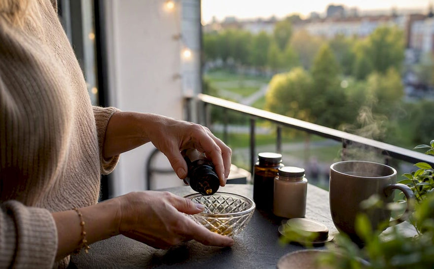 En person sidder hjemme ved spisebordet og måler sine vitaminer op.