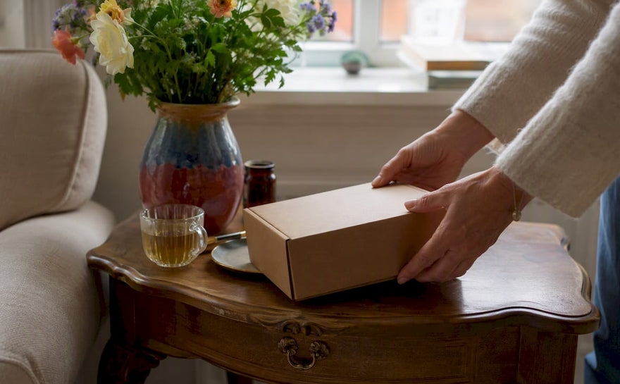 Et par hænder sætter en pakke vitaminer op på en træhylde.