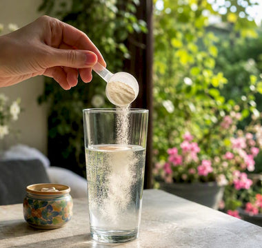 En hånd hælder kollagenpulver op i et glas.