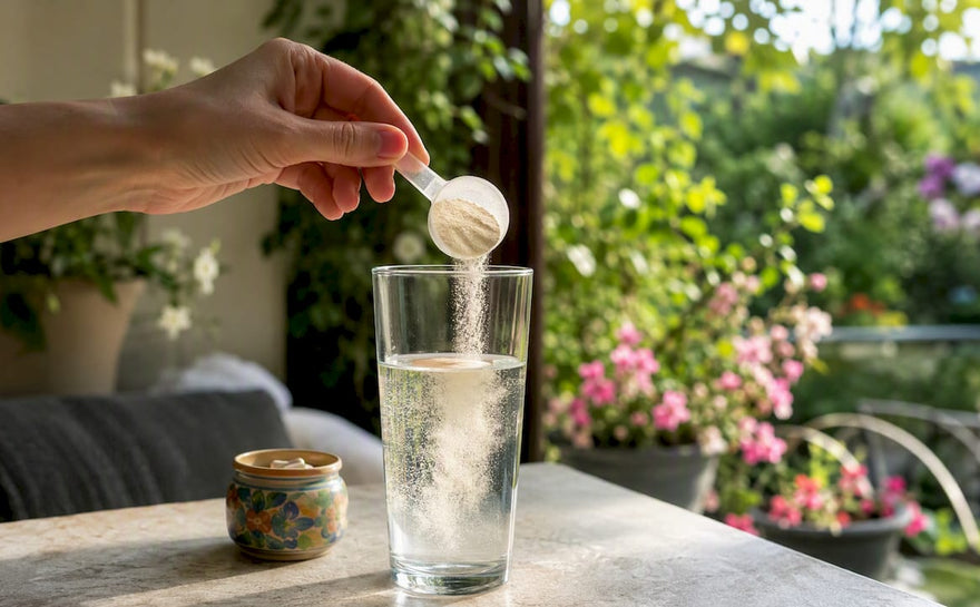 En hånd hælder kollagenpulver op i et glas.