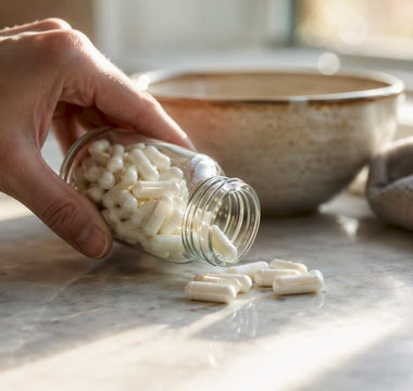 En hånd hælder D-vitaminkapsler ud på køkkenbordet.