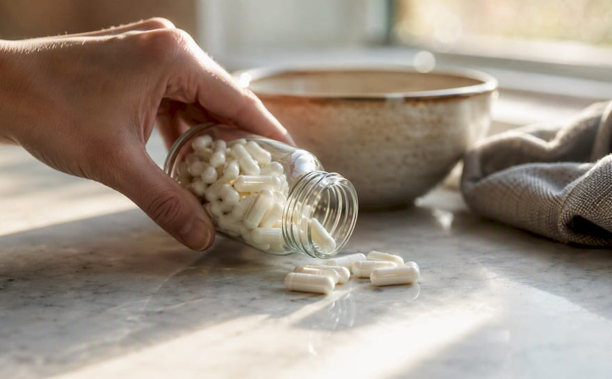 En hånd hælder D-vitaminkapsler ud på køkkenbordet.