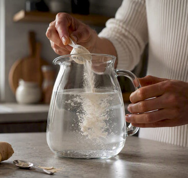Hænder rører rundt i et glas med kollagenpulver