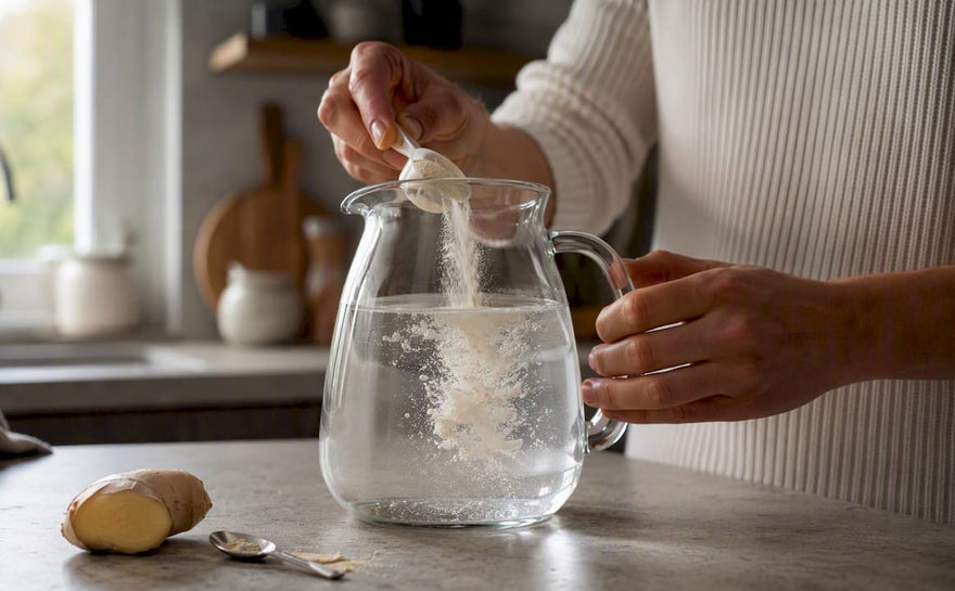 Hænder rører rundt i et glas med kollagenpulver