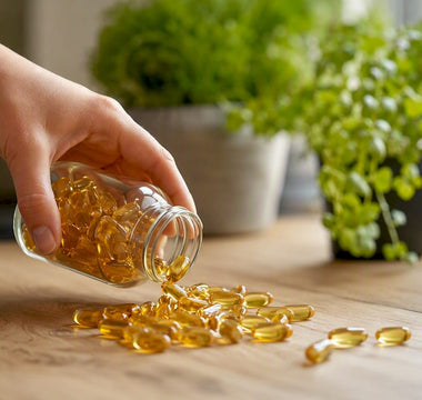 Gyldne omega-3 kapsler, der triller ud af flasken