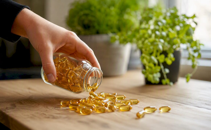 Gyldne omega-3 kapsler, der triller ud af flasken