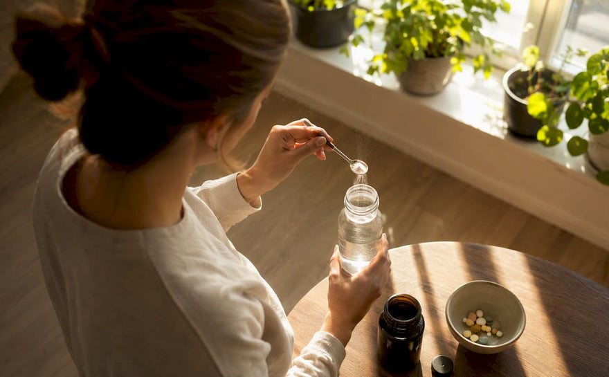 Et par hænder hælder magnesiumpulver op i et glas, mens der ligger vitamin D-kapsler ved siden af.