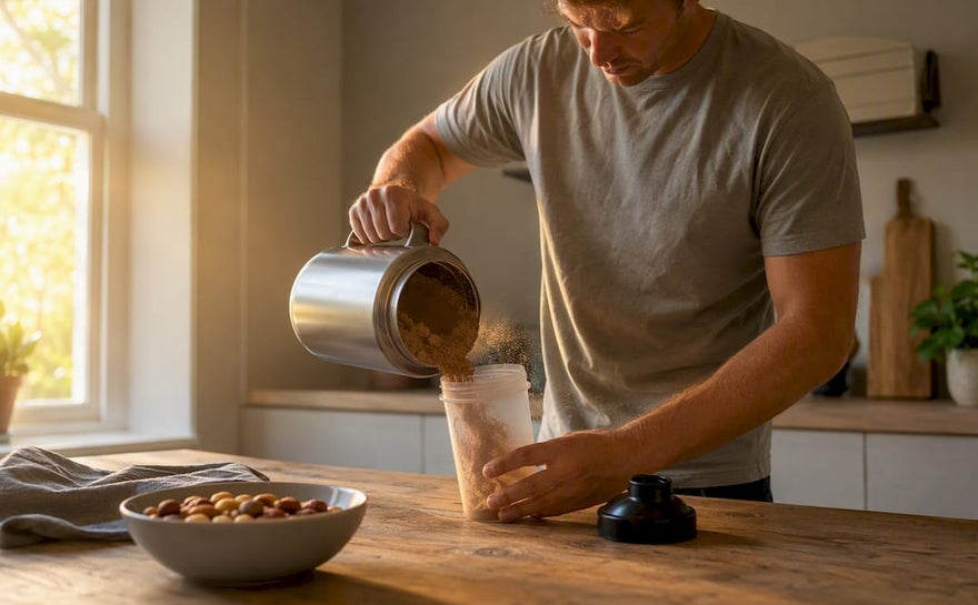 En person står i køkkenet og måler proteinpulver op med en ske.