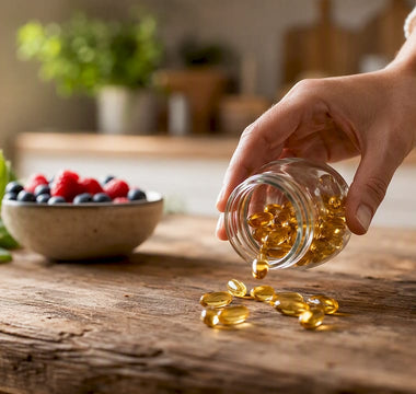 Hånd, der hælder omega 3-kapsler ud på en overflade