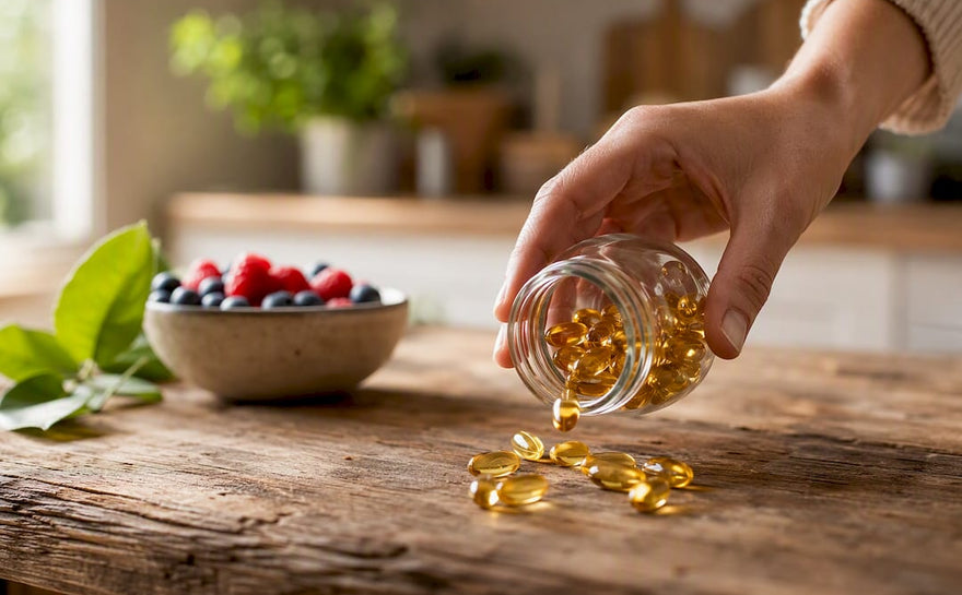 Hånd, der hælder omega 3-kapsler ud på en overflade