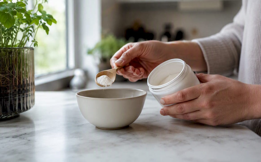 Hænder, der måler vitamin D pulvertilskud