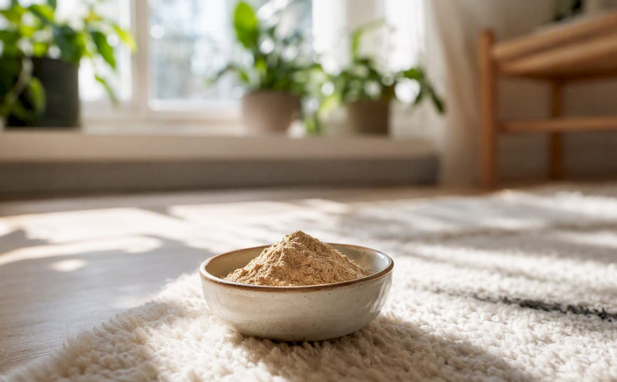 Ashwagandha-pulver og kapsler på bordet