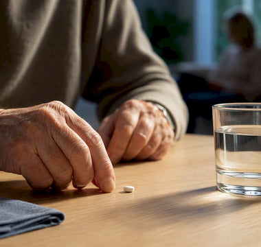 Ældre persons daglige tablet og vand