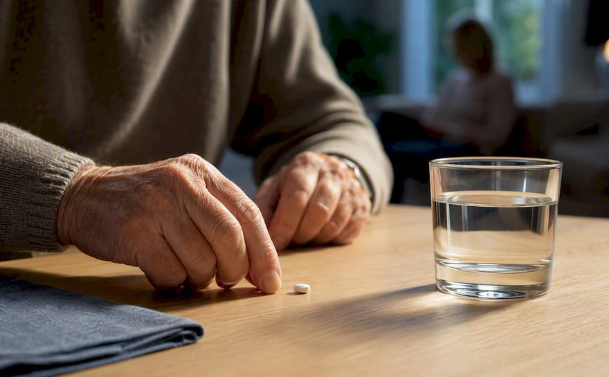 Ældre persons daglige tablet og vand