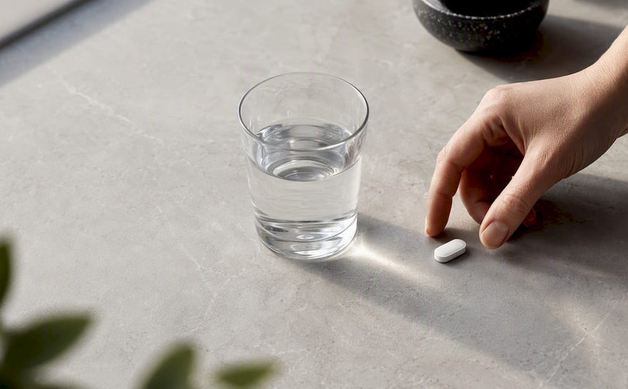 Magnesiumtablet ved siden af et glas vand