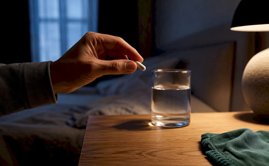 En hånd tager en anonym kapsel ved et glas vand