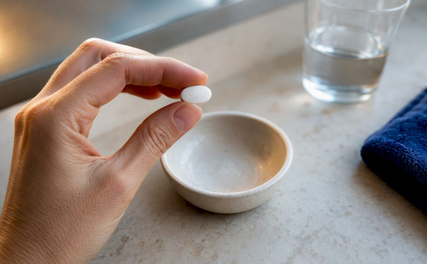 Magnesiumtablet uden mærke sammen med et glas vand