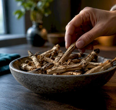 Ashwagandha-rødder i en skål lavet af sten