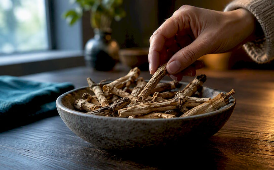Ashwagandha-rødder i en skål lavet af sten