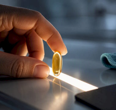 Hånd, der undersøger en anonym omega-3-kapsel