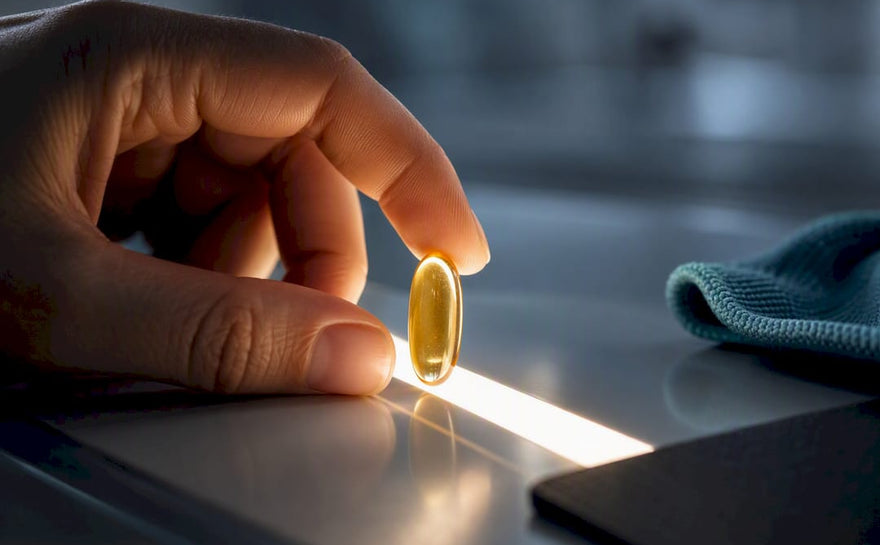 Hånd, der undersøger en anonym omega-3-kapsel