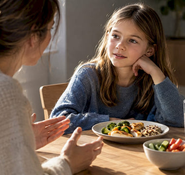 Forælder og barn snakker om kost