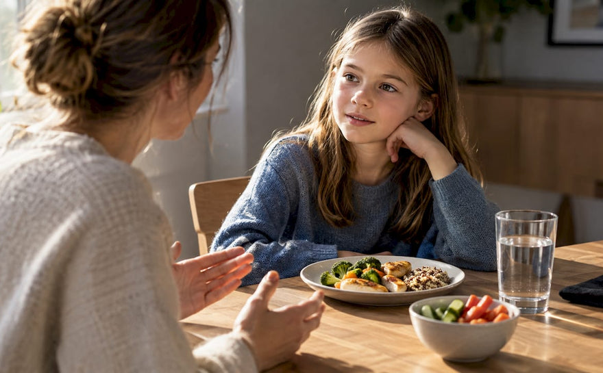 Forælder og barn snakker om kost