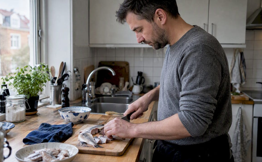 En hjemmekok skærer sild ved køkkenbordet